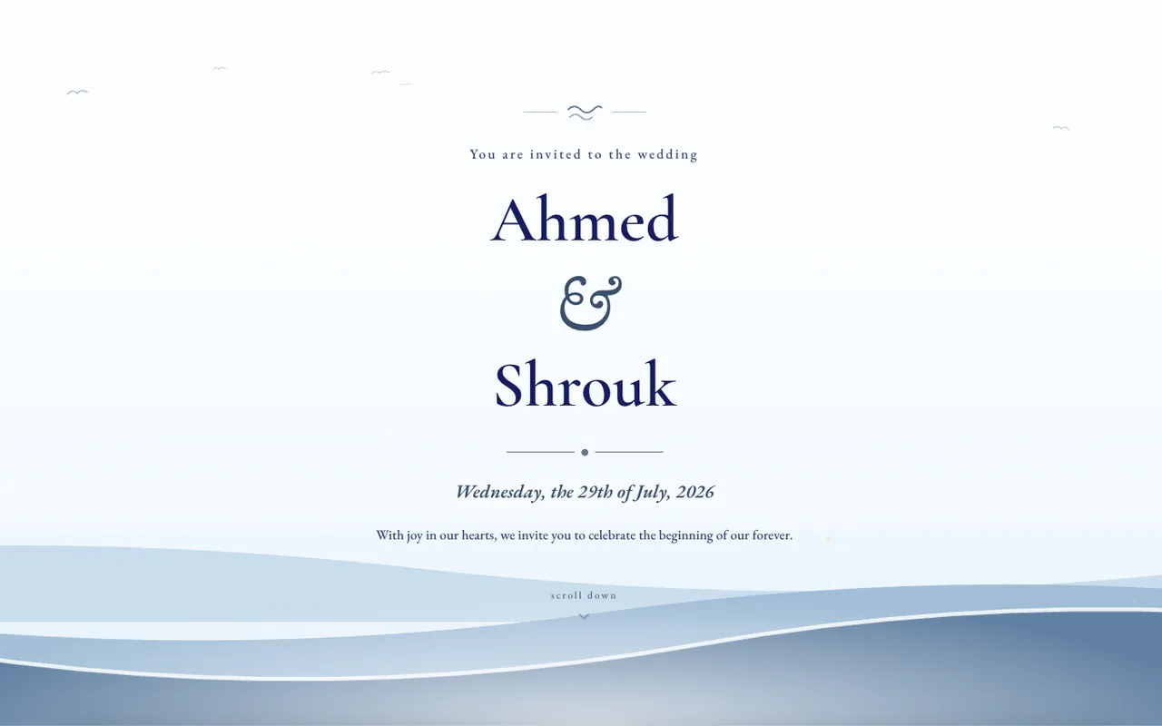 The opening of an English invitation in the Serene Seaside design: the couple's names and the date